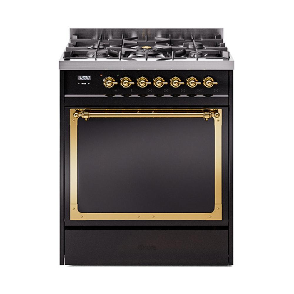 ILVE UN30QNMPBKG Nostalgie II Noblesse 30 inch Dual Fuel Range (Natural Gas, Solid Door, Glossy Black, Brass)