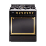 ILVE UN30QNMPBKG Nostalgie II Noblesse 30 inch Dual Fuel Range (Natural Gas, Solid Door, Glossy Black, Brass)