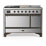 ILVE UM48FSQNR3SSB Majestic III 48 inch Dual Fuel Range with 5 Black Brass Burners, Griddle and French Top, Dual Function Burner up to 25,000 BTU (Natural Gas, Solid Door, Stainless Steel, Burnished)