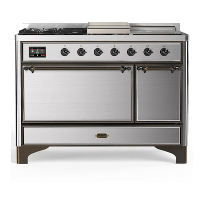 ILVE UM48FSQNR3SSB Majestic III 48 inch Dual Fuel Range with 5 Black Brass Burners, Griddle and French Top, Dual Function Burner up to 25,000 BTU (Natural Gas, Solid Door, Stainless Steel, Burnished)