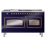 ILVE UN60FSNMPMBB Nostalgie II Noblesse 60 inch Dual Fuel Range (7 Sealed Burners + Griddle + French Top, Natural Gas, Triple Glass Door, Midnight Blue, Burnished)