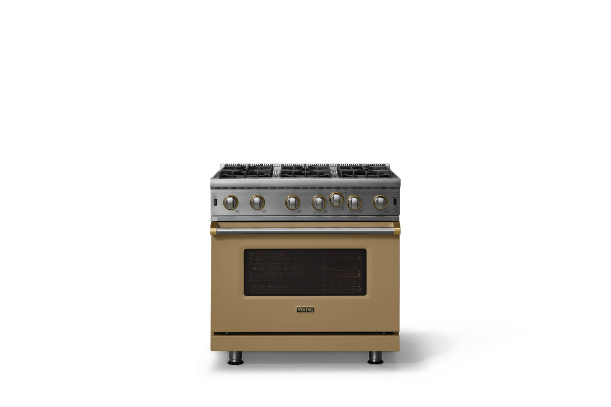 36"W. Open Burner Gas Range (Finish: Golden Hour, Trim: Brushed Brass, Fuel: Propane)