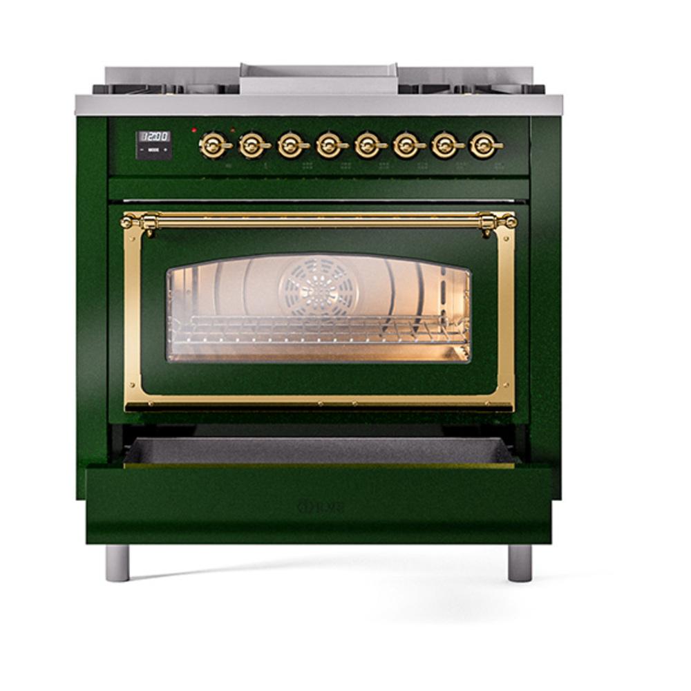 ILVE UN36FNMPEGG Nostalgie II Noblesse 36 inch Dual Fuel Range (Natural Gas, Triple Glass Door, Emerald Green, Brass)