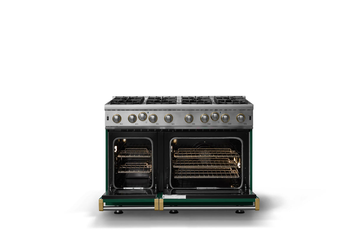 48"W. Open Burner Gas Range (Finish: Ivy, Trim: Brushed Brass, Fuel: Natural Gas)