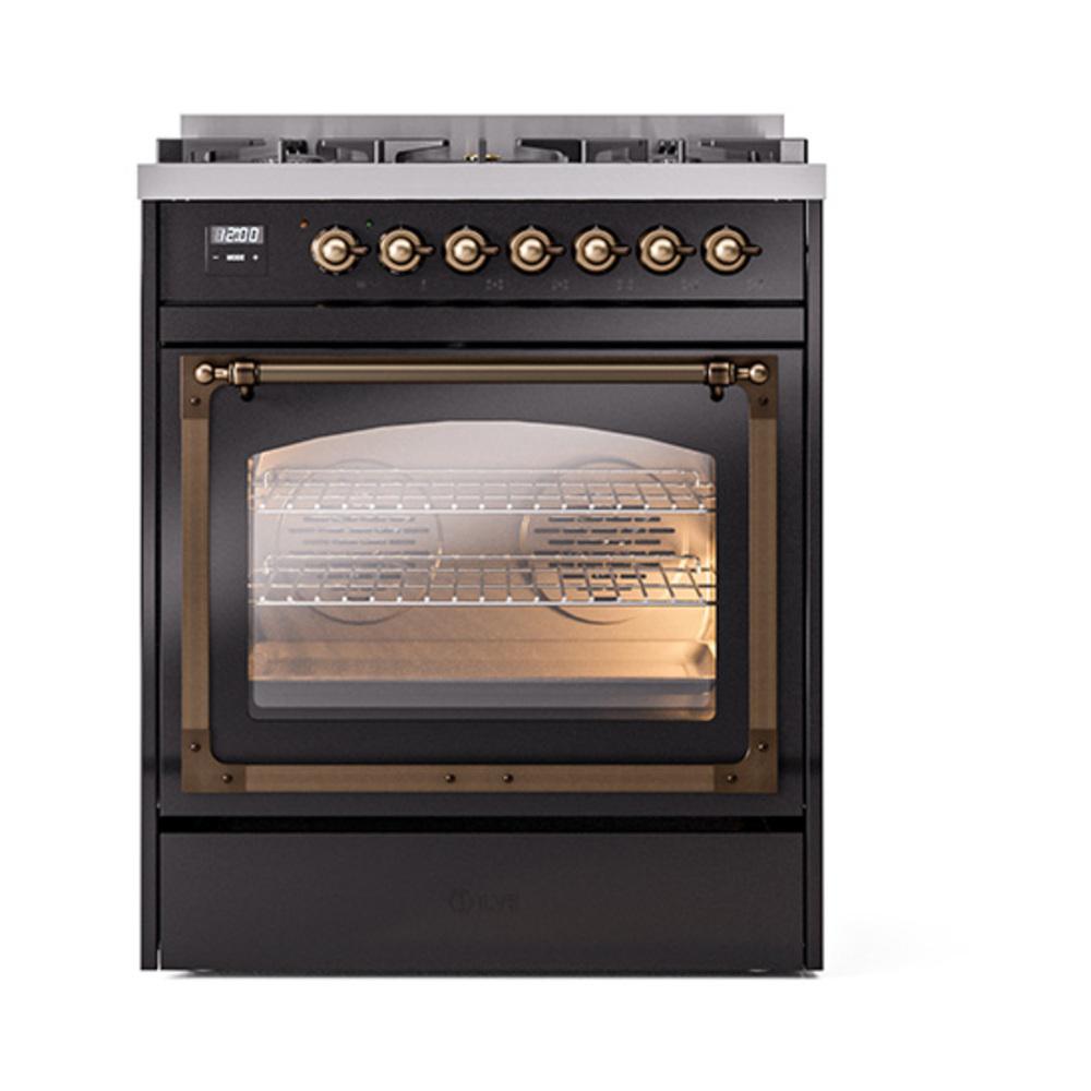 ILVE UN30NMPBKBLP Nostalgie II Noblesse 30 inch Dual Fuel Range (Liquid Propane, Triple Glass Door, Glossy Black, Burnished)
