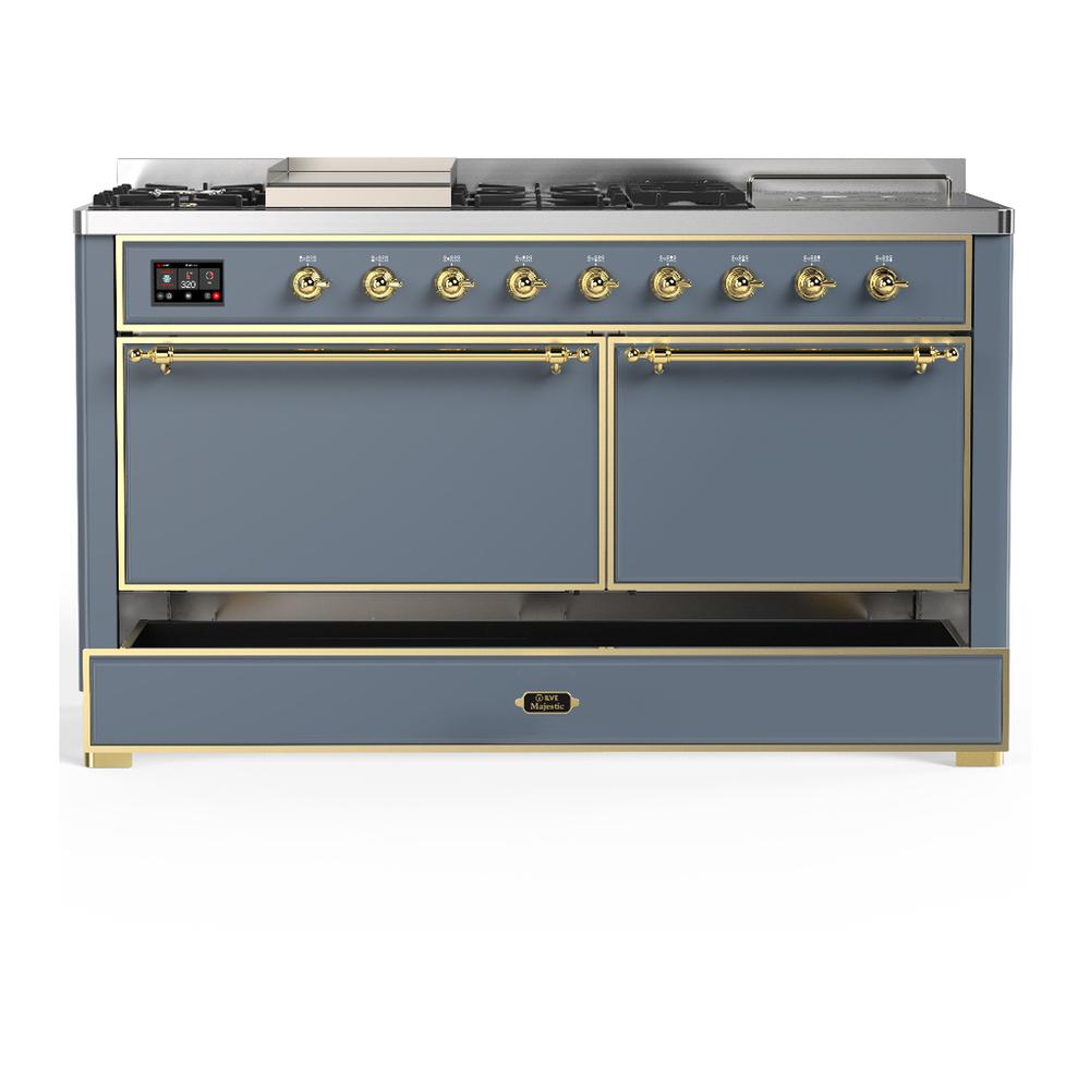 ILVE UM60FSQNR3BGG Majestic III 60 inch Dual Fuel Range with 7 Burners, Griddle and French Top, Dual Function Burner with up to 25,000 BTU (Natural Gas, Solid Door, Blue Grey, Brass)