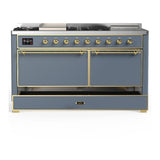 ILVE UM60FSQNR3BGG Majestic III 60 inch Dual Fuel Range with 7 Burners, Griddle and French Top, Dual Function Burner with up to 25,000 BTU (Natural Gas, Solid Door, Blue Grey, Brass)