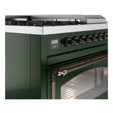 ILVE UN48FSNMPEGBLP Nostalgie II Noblesse 48 inch Dual Fuel Range (5 Sealed Burners + Griddle + French Top, Liquid Propane, Triple Glass Door, Emerald Green, Burnished)