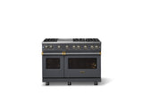 48"W. Sealed Burner Gas Range (Burner: 6g, Finish: Cast Black, Trim: Brushed Brass, Fuel: Natural Gas)