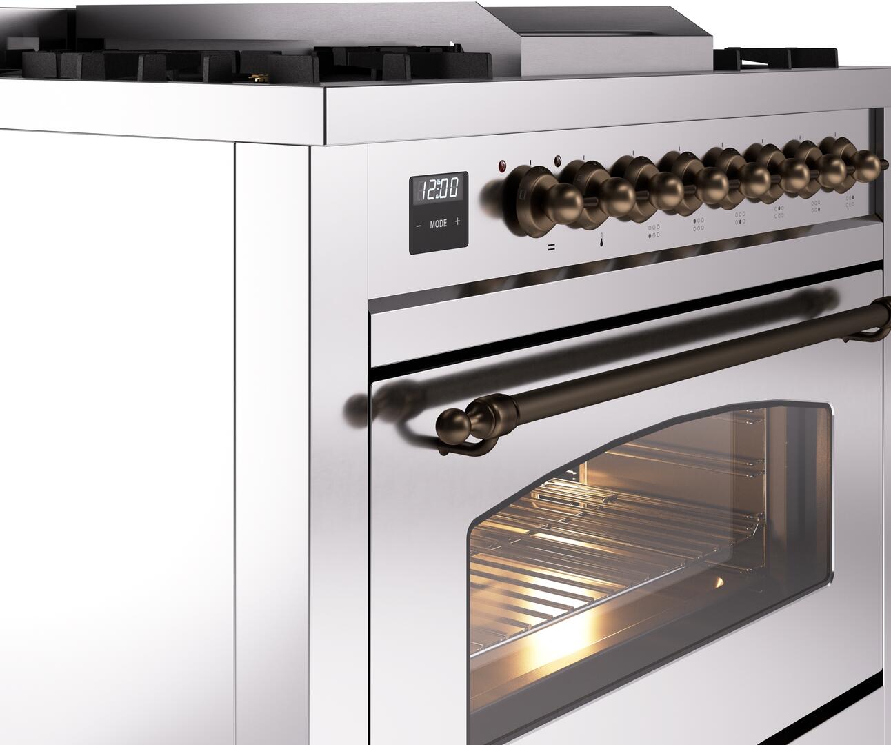 Nostalgie II 36 Inch Dual Fuel Natural Gas Freestanding Range in Stainless Steel with Bronze Trim