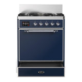 ILVE UM30QNR3MBCLP Majestic III 30 inch Dual Fuel Range with 5 Black Brass Burners, Dual Function Burner up to 25,000 BTU (Liquid Propane, Solid Door, Midnight Blue, Chrome)