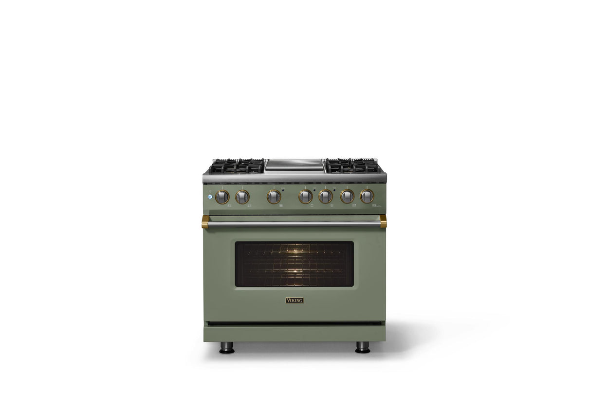 36"W. Dual Fuel Range (Burner: 4g, Finish: Eucalyptus, Trim: Brushed Brass, Fuel: Natural Gas)
