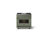 36"W. Dual Fuel Range (Burner: 4g, Finish: Eucalyptus, Trim: Polished Chrome, Fuel: Propane)