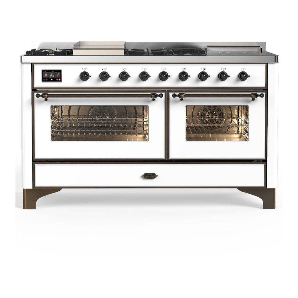 ILVE UM60FSNR3WHB Majestic III 60 inch Dual Fuel Range with 7 Burners, Griddle and French Top, Dual Function Burner with up to 25,000 BTU (Natural Gas, Triple Glass Door, White, Burnished)