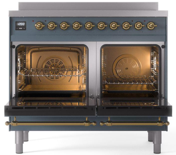 Nostalgie II 40 Inch Electric Freestanding Range in Blue Grey with Brass Trim