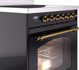 Nostalgie II 30 Inch Electric Freestanding Range in Glossy Black with Brass Trim