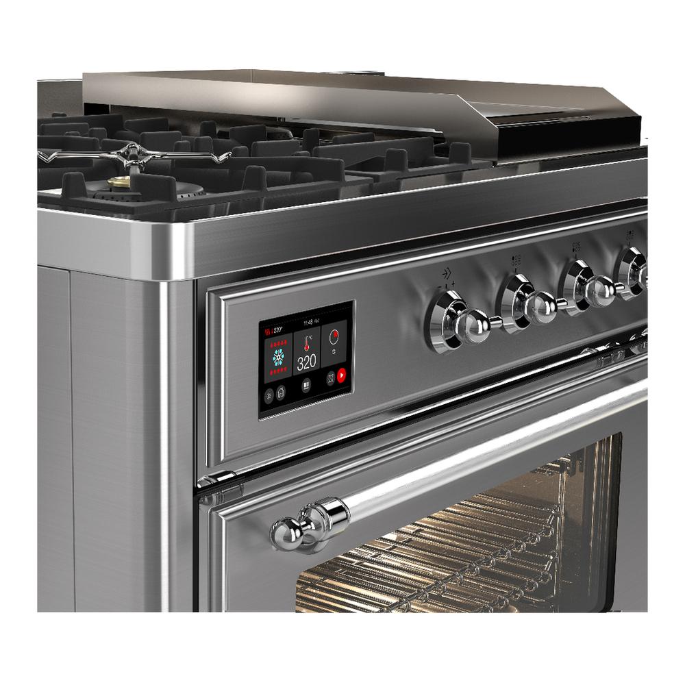 ILVE UM48FSNR3SSC Majestic III 48 inch Dual Fuel Range with 5 Black Brass Burners, Griddle and French Top, Dual Function Burner up to 25,000 BTU (Natural Gas, Triple Glass Door, Stainless Steel, Chrome)
