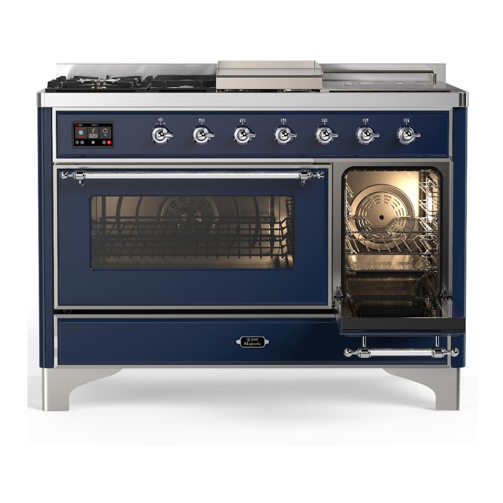 ILVE UM48FSNR3MBC Majestic III 48 inch Dual Fuel Range with 5 Black Brass Burners, Griddle and French Top, Dual Function Burner up to 25,000 BTU (Natural Gas, Triple Glass Door, Midnight Blue, Chrome)