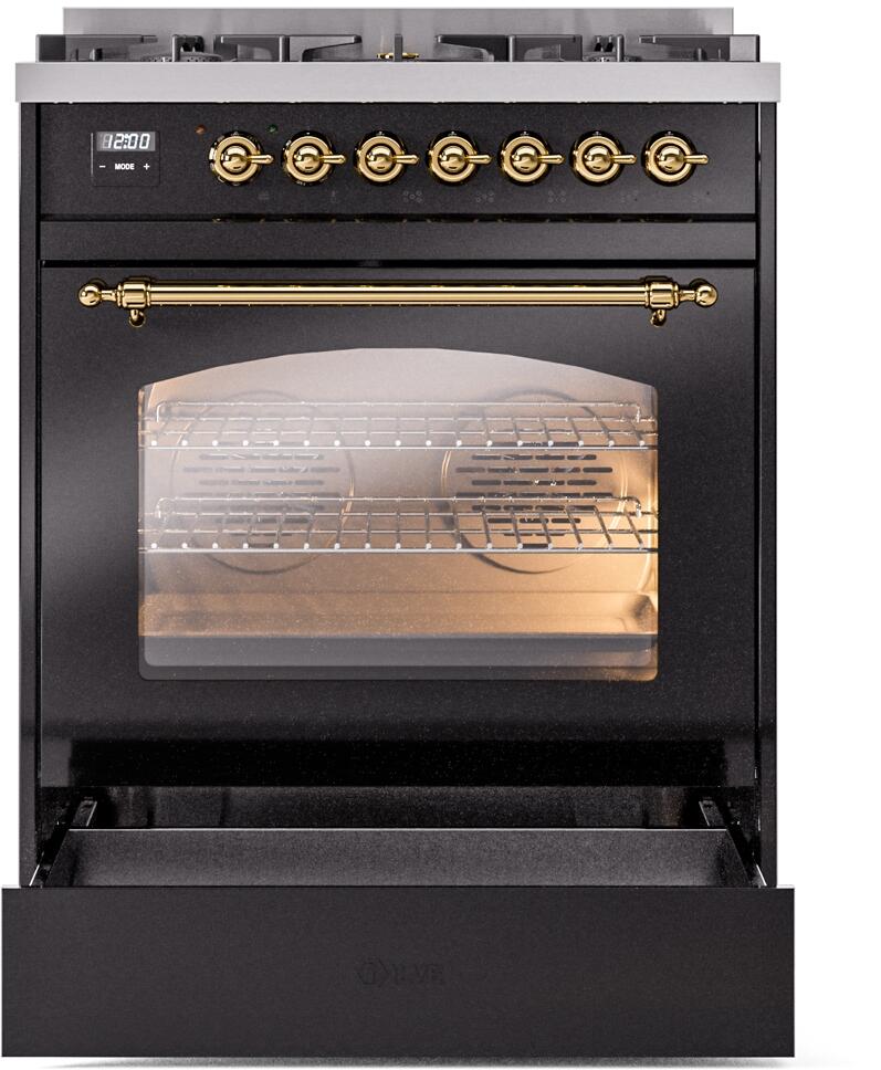 Nostalgie II 30 Inch Dual Fuel Natural Gas Freestanding Range in Glossy Black with Brass Trim