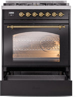 Nostalgie II 30 Inch Dual Fuel Natural Gas Freestanding Range in Glossy Black with Brass Trim