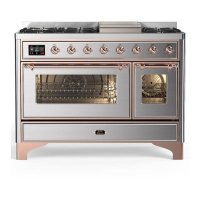ILVE UM48FNR3SSPLP Majestic III 48 inch Dual Fuel Range with 8 Burners and Griddle, Dual Function Burner up to 25,000 BTU (Liquid Propane, Triple Glass Door, Stainless Steel, Copper)