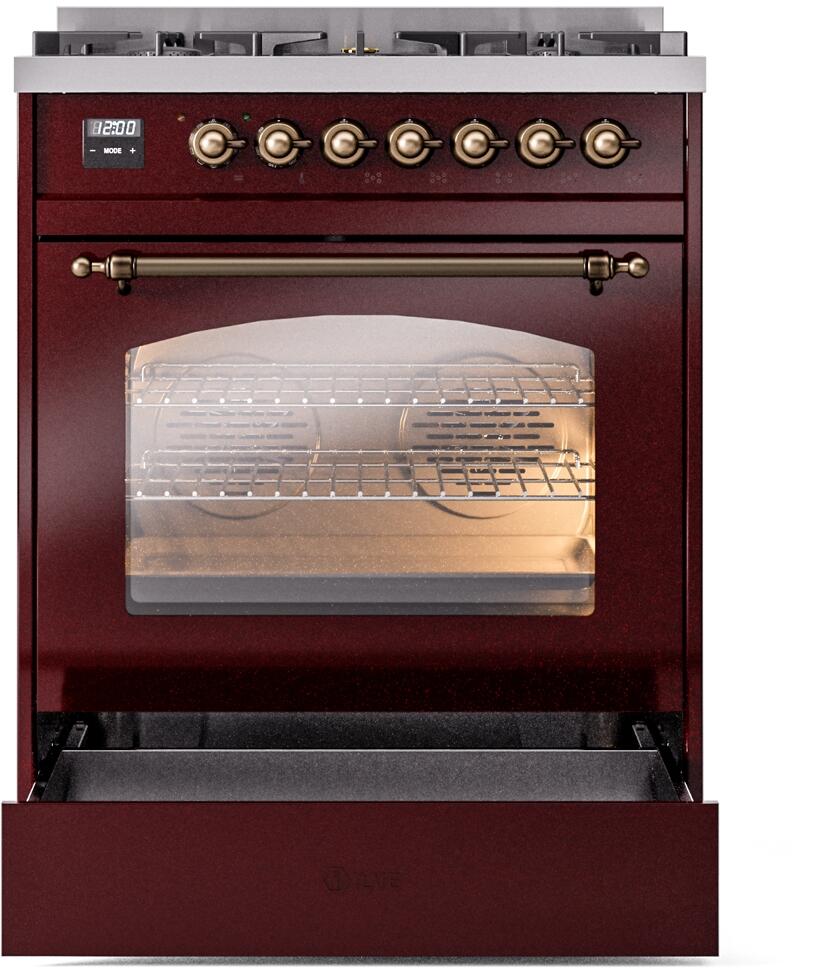 Nostalgie II 30 Inch Dual Fuel Natural Gas Freestanding Range in Burgundy with Bronze Trim