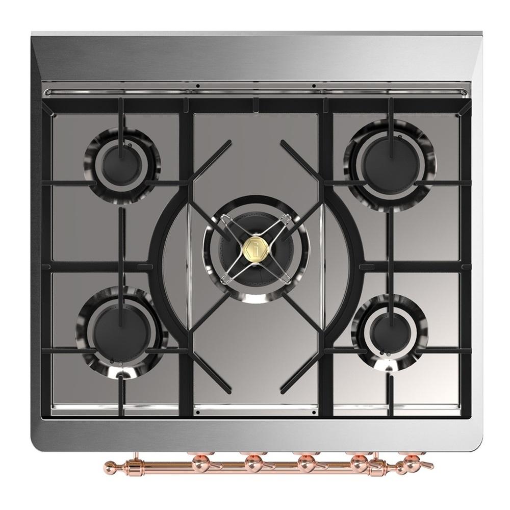 ILVE UM30NR3BKP Majestic III 30 inch Dual Fuel Range with 5 Black Brass Burners, Dual Function Burner up to 25,000 BTU (Natural Gas, Triple Glass Door, Glossy Black, Copper)