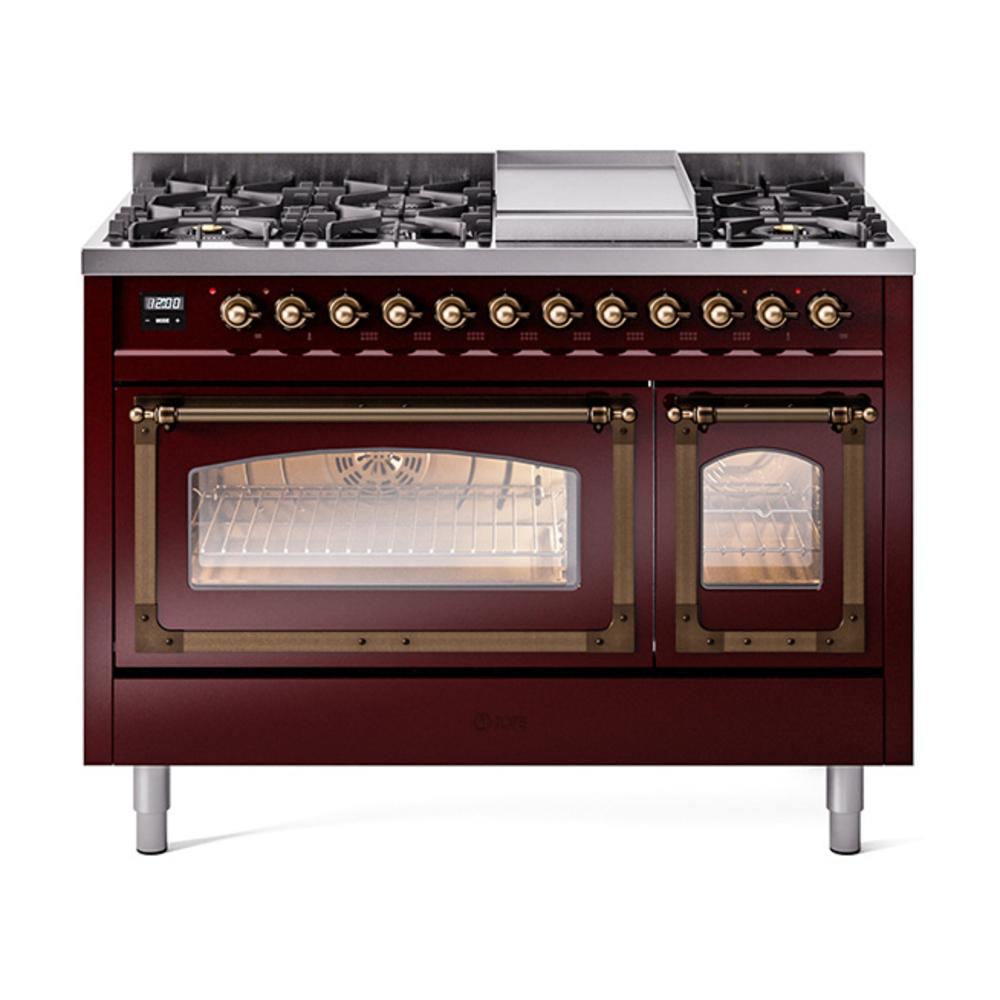 ILVE UN48FNMPBUB Nostalgie II Noblesse 48 inch Dual Fuel Range (8 Sealed Burners + Griddle, Natural Gas, Triple Glass Door, Burgundy, Burnished)