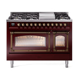 ILVE UN48FNMPBUB Nostalgie II Noblesse 48 inch Dual Fuel Range (8 Sealed Burners + Griddle, Natural Gas, Triple Glass Door, Burgundy, Burnished)