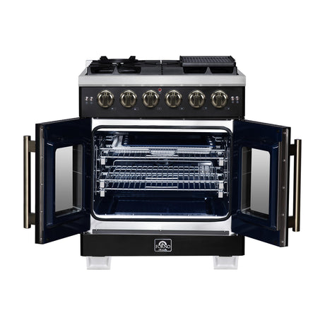 Forno Capriasca 30-Inch Freestanding French Door Gas Range, 4 Burners, Convection Oven, Energy Efficient
