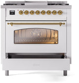 Nostalgie II 36 Inch Dual Fuel Liquid Propane Freestanding Range in White with Brass Trim