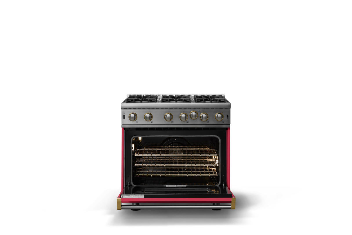 36"W. Open Burner Gas Range (Finish: Valentine, Trim: Brushed Brass, Fuel: Propane)