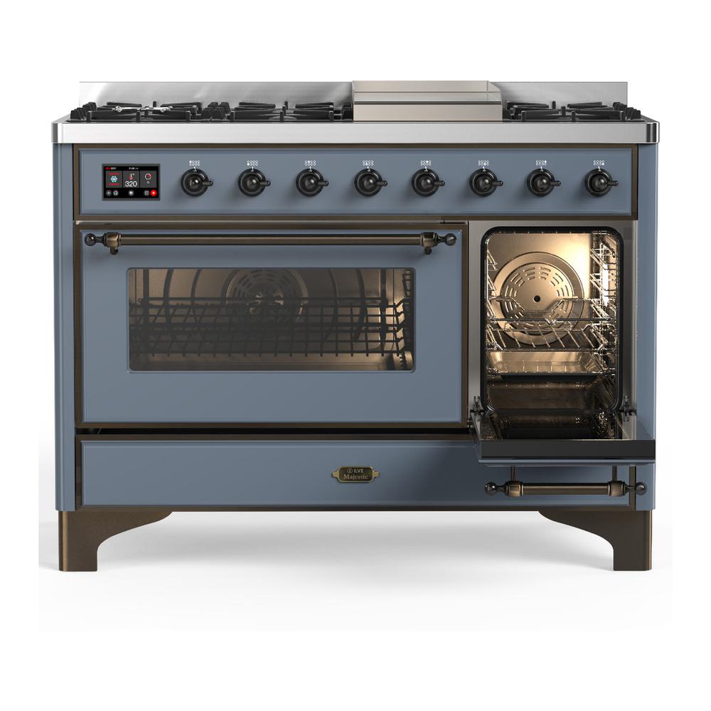 ILVE UM48FNR3BGBLP Majestic III 48 inch Dual Fuel Range with 8 Burners and Griddle, Dual Function Burner up to 25,000 BTU (Liquid Propane, Triple Glass Door, Blue Grey, Burnished)
