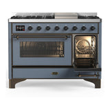 ILVE UM48FNR3BGBLP Majestic III 48 inch Dual Fuel Range with 8 Burners and Griddle, Dual Function Burner up to 25,000 BTU (Liquid Propane, Triple Glass Door, Blue Grey, Burnished)