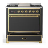 ILVE UM36FQNR3MGG Majestic III 36 inch Dual Fuel Range with 6 Black Brass Burners and Griddle, Dual Function Burner up to 25,000 BTU (Solid Door, Graphite Matte, Brass, Natural Gas)