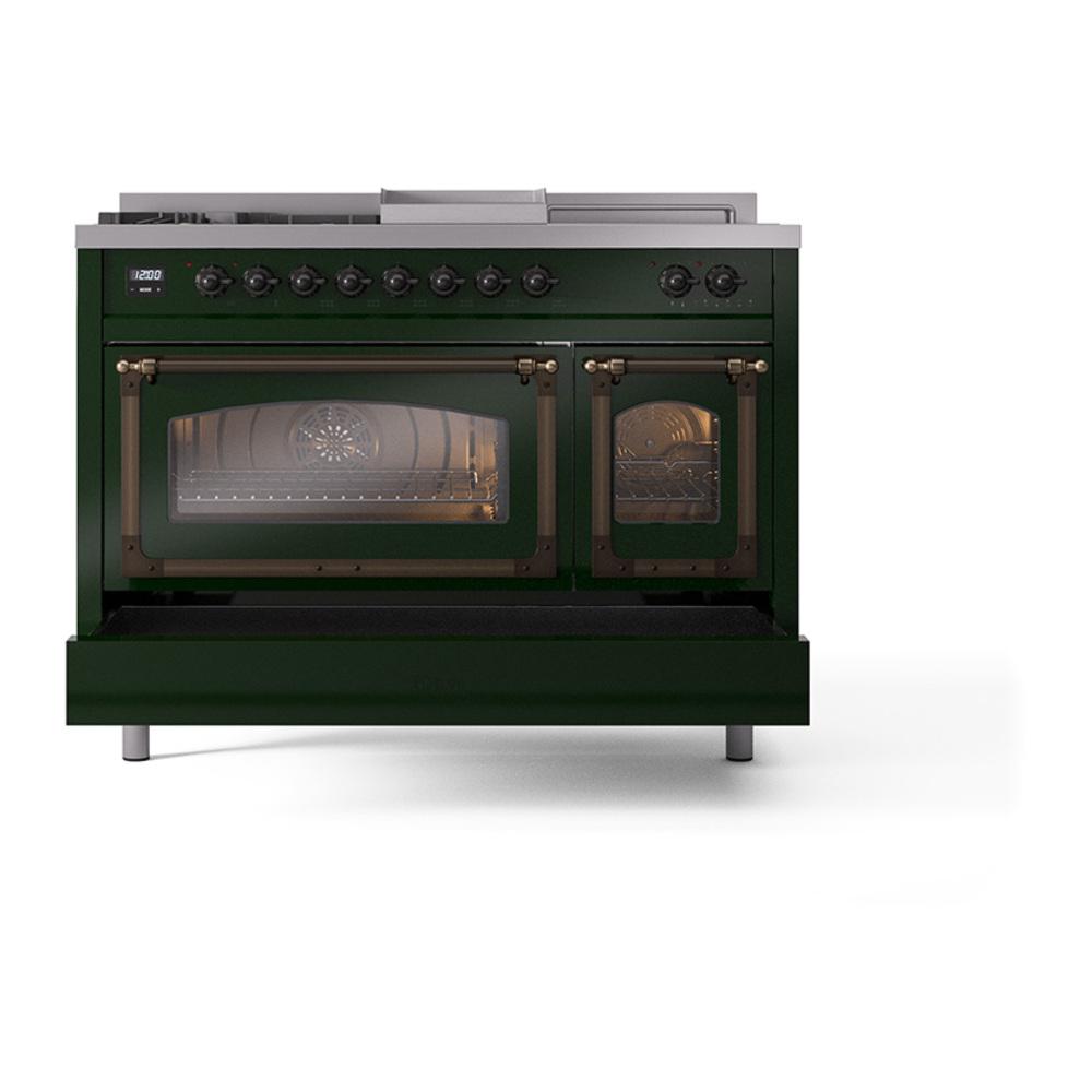 ILVE UN48FSNMPEGBLP Nostalgie II Noblesse 48 inch Dual Fuel Range (5 Sealed Burners + Griddle + French Top, Liquid Propane, Triple Glass Door, Emerald Green, Burnished)