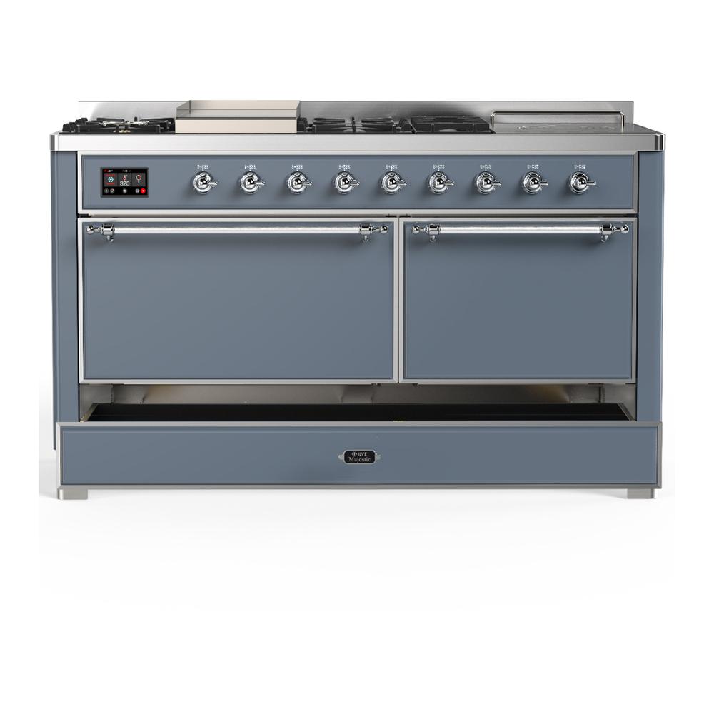 ILVE UM60FSQNR3BGC Majestic III 60 inch Dual Fuel Range with 7 Burners, Griddle and French Top, Dual Function Burner with up to 25,000 BTU (Natural Gas, Solid Door, Blue Grey, Chrome)