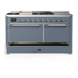 ILVE UM60FSQNR3BGC Majestic III 60 inch Dual Fuel Range with 7 Burners, Griddle and French Top, Dual Function Burner with up to 25,000 BTU (Natural Gas, Solid Door, Blue Grey, Chrome)