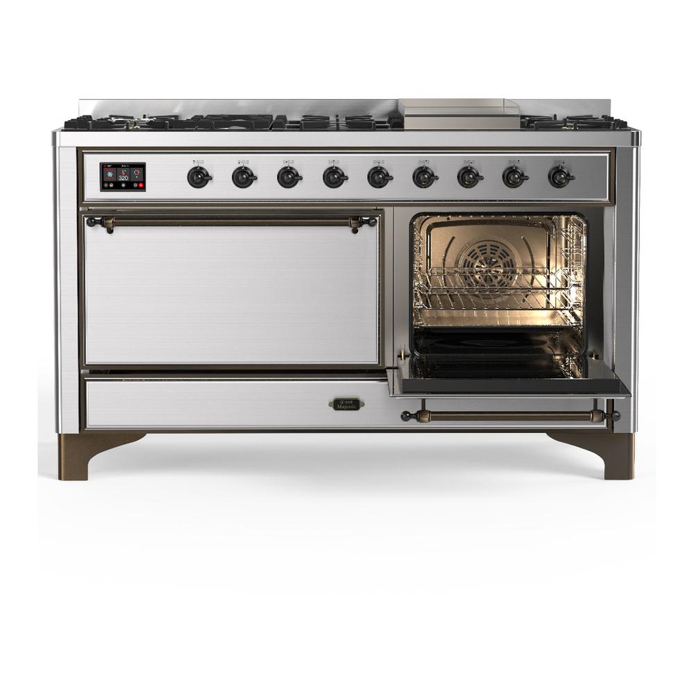 ILVE UM60FQNR3SSB Majestic III 60 inch Dual Fuel Range with 9 Burners and Griddle, Dual Function Burner up to 25,000 BTU (Natural Gas, Solid Door, Stainless Steel, Burnished)