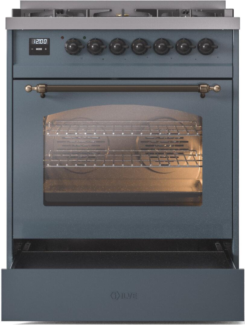 Nostalgie II 30 Inch Dual Fuel Liquid Propane Freestanding Range in Blue Grey with Bronze Trim