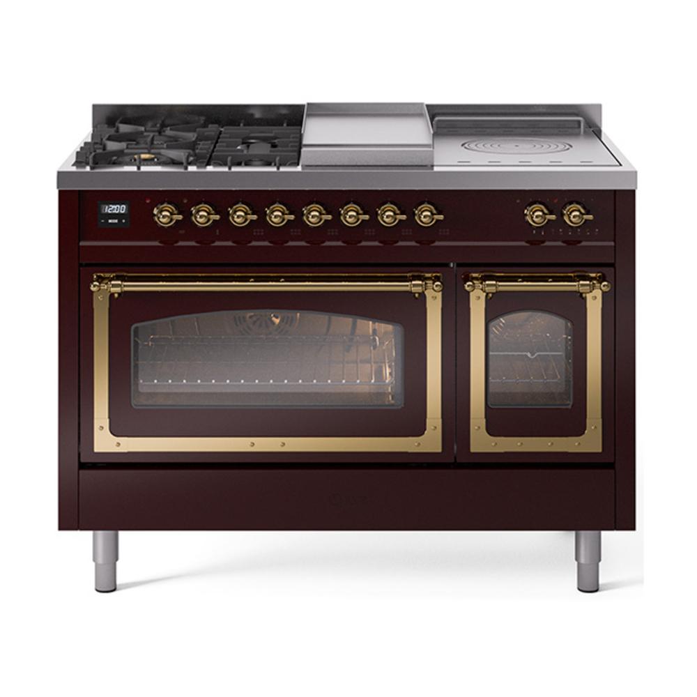 ILVE UN48FSNMPBUG Nostalgie II Noblesse 48 inch Dual Fuel Range (5 Sealed Burners + Griddle + French Top, Natural Gas, Triple Glass Door, Burgundy, Brass)