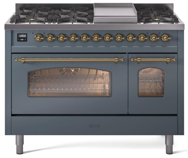 Nostalgie II 48 Inch Dual Fuel Natural Gas Freestanding Range in Blue Grey with Brass Trim