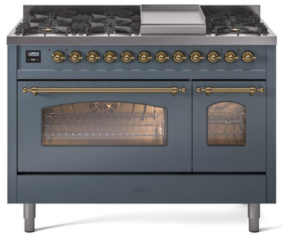 Nostalgie II 48 Inch Dual Fuel Natural Gas Freestanding Range in Blue Grey with Brass Trim