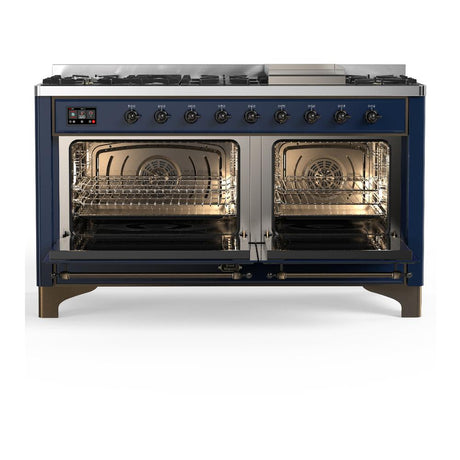 ILVE UM60FNR3MBB Majestic III 60 inch Dual Fuel Range with 9 Burners and Griddle, Dual Function Burner up to 25,000 BTU (Natural Gas, Triple Glass Door, Midnight Blue, Burnished)