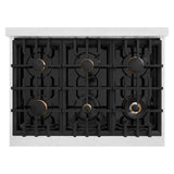 ZLINE Autograph Edition 36 in. 5.2 cu. ft. Classic Dual Fuel Range with 6 Burner Gas Cooktop and Electric Convection Oven in DuraSnow' Stainless Steel with White Matte Door and Polished Gold Accents (CDRSZ-WM-36-G)