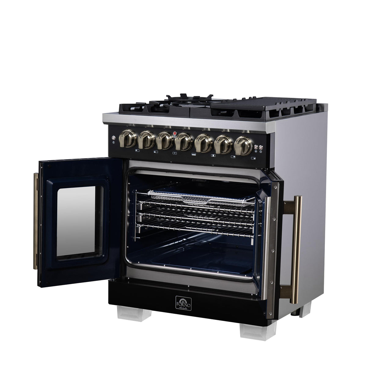 Forno Capriasca 30 Inch Freestanding French Door Dual Fuel Range in Black with Antique Brass Accessories, 5 Burners, True Convection Oven