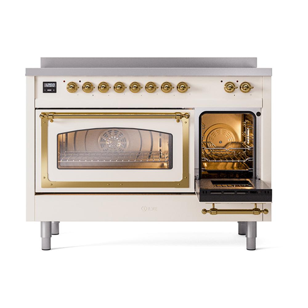 ILVE UNI486NMPAWG Nostalgie II Noblesse 48 inch Induction Range (Triple Glass Door, Antique White, Brass)
