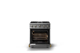 30"W. Open Burner Gas Range (Finish: Stainless Steel, Trim: Brushed Brass, Fuel: Propane)