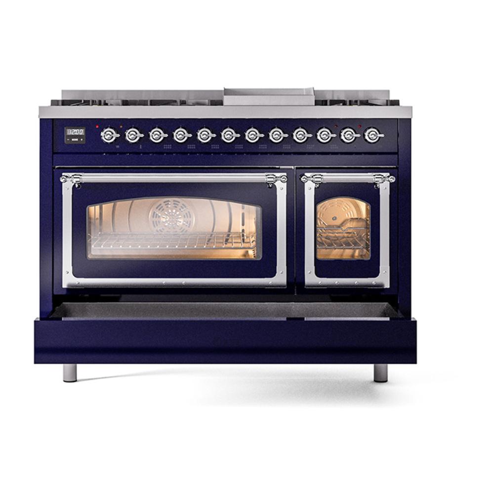 ILVE UN48FNMPMBC Nostalgie II Noblesse 48 inch Dual Fuel Range (8 Sealed Burners + Griddle, Natural Gas, Triple Glass Door, Midnight Blue, Chrome)