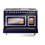 ILVE UN48FNMPMBC Nostalgie II Noblesse 48 inch Dual Fuel Range (8 Sealed Burners + Griddle, Natural Gas, Triple Glass Door, Midnight Blue, Chrome)